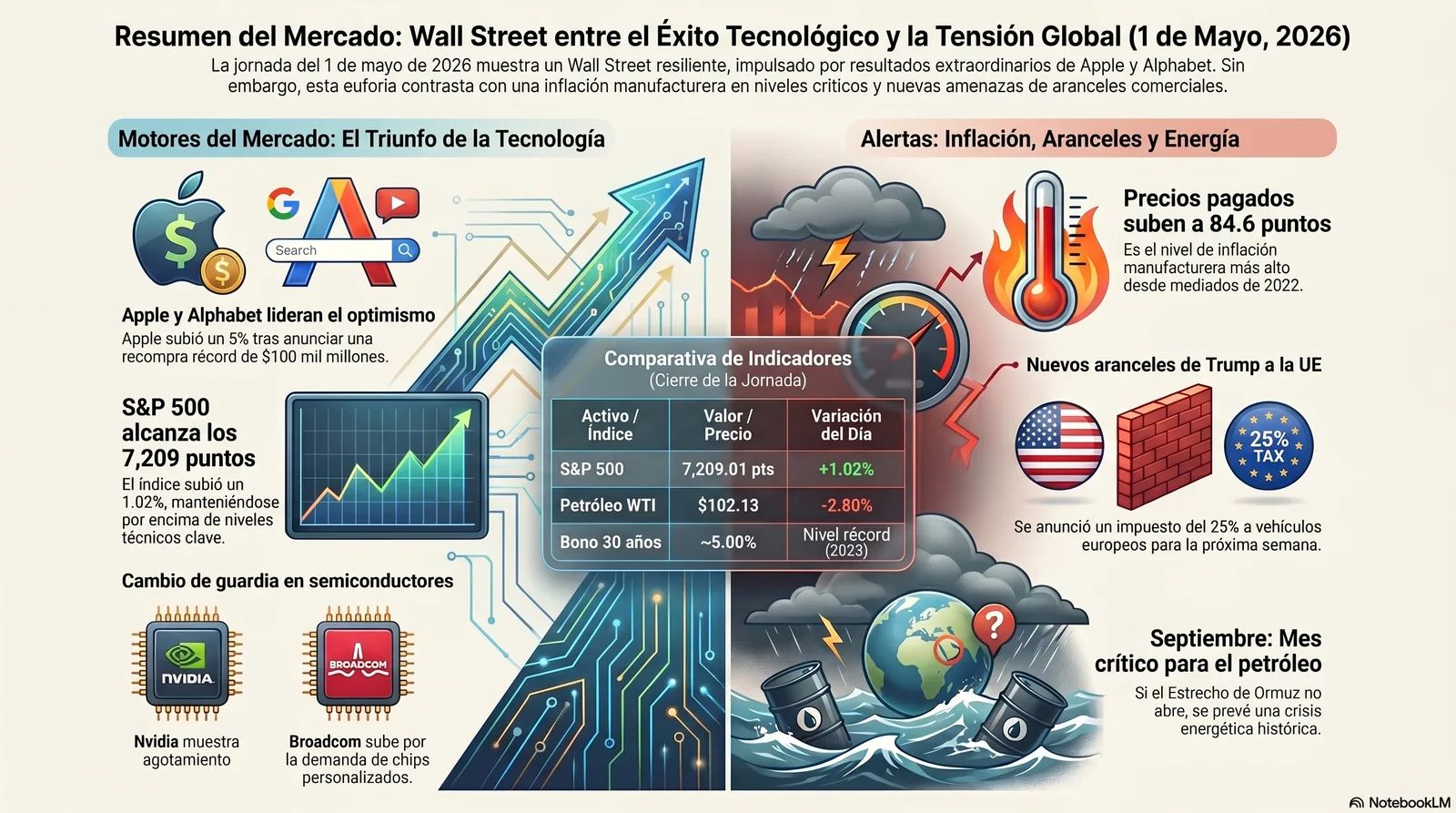 Cierre de Mercados – 01 mayo 2026. Wall Street resiste entre resultados tecnológicos y tensiones Geopolíticas