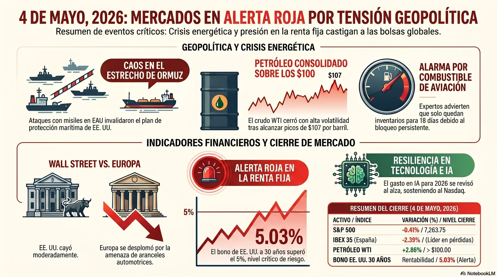 Cierre de Mercados – 04 mayo 2026. Mercados Bajo Presión Geopolítica y Tipos al Límite