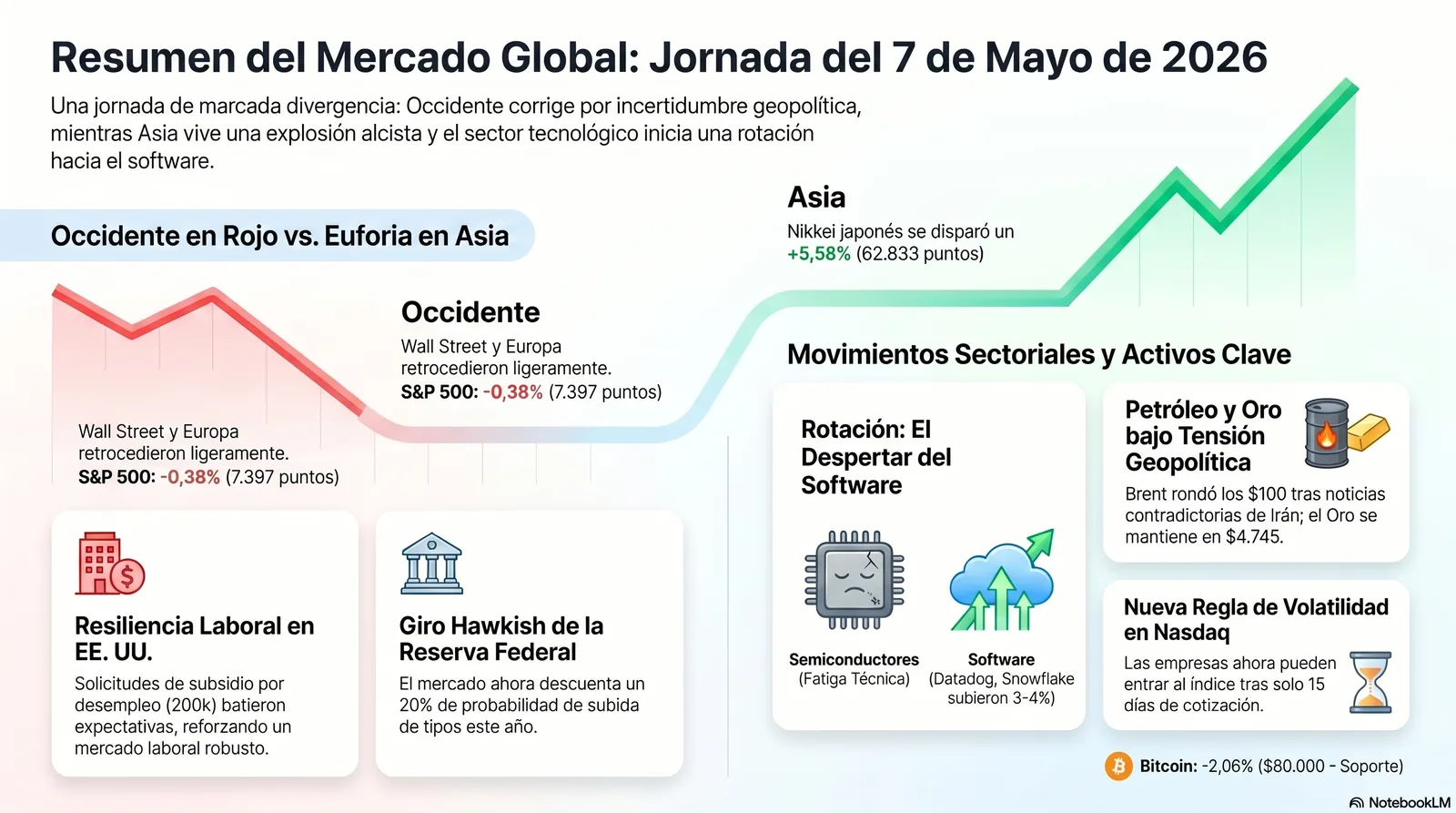 Cierre de Mercados – 07 mayo 2026. Software y refugios ante petróleo a cien