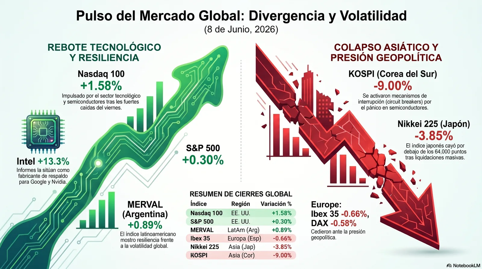 Cierre de Mercados – 08 junio 2026. Divergencia entre el Rebote Tecnológico y el Colapso Asiático