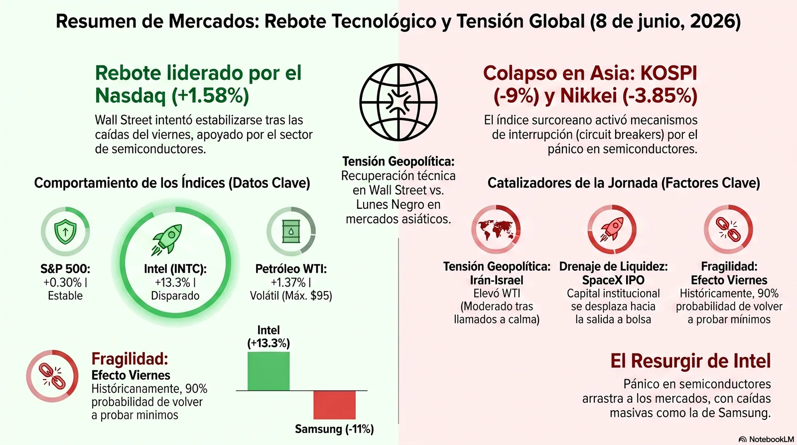 Cierre de Mercados – 08 junio 2026. Divergencia entre el Rebote Tecnológico y el Colapso Asiático