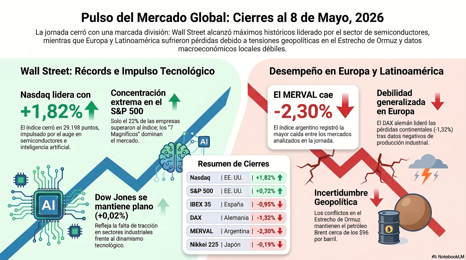 Cierre de Mercados – 08 mayo 2026. Wall Street récord vs. Consumo hundido.