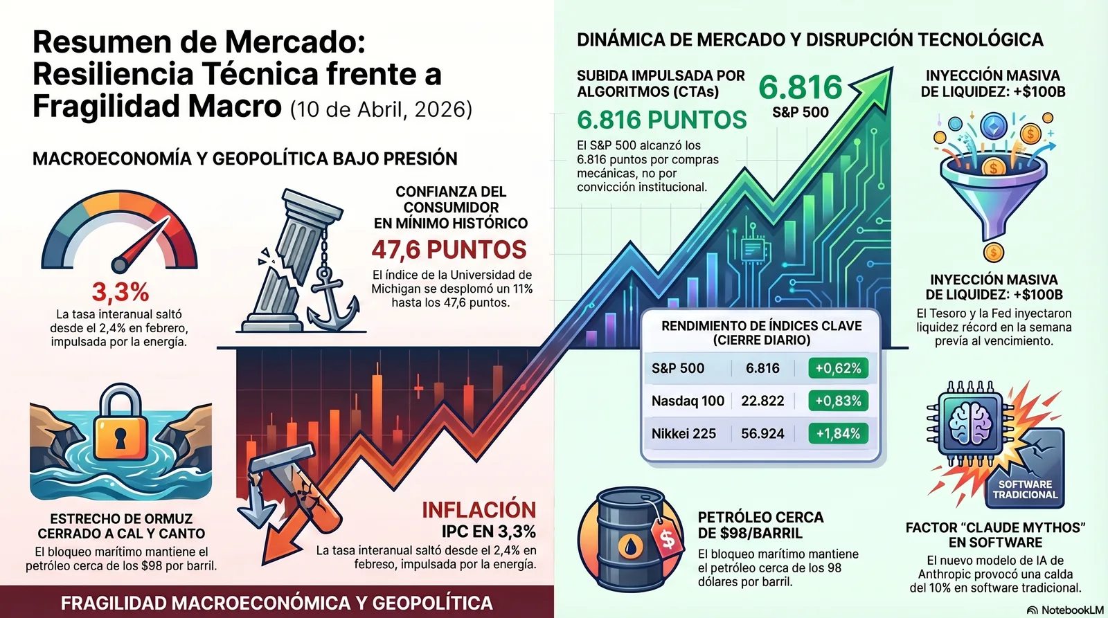 Cierre de Mercados – 10 abril 2026. El pánico matemático que impulsa Wall Street.