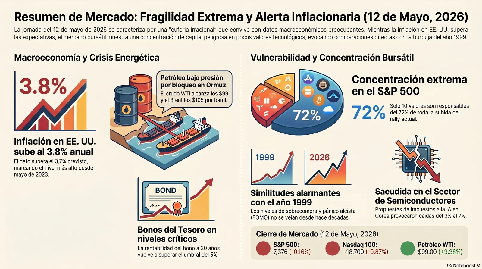 Cierre de Mercados – 12 mayo 2026. Tensión macroeconómica y fragilidad estructural