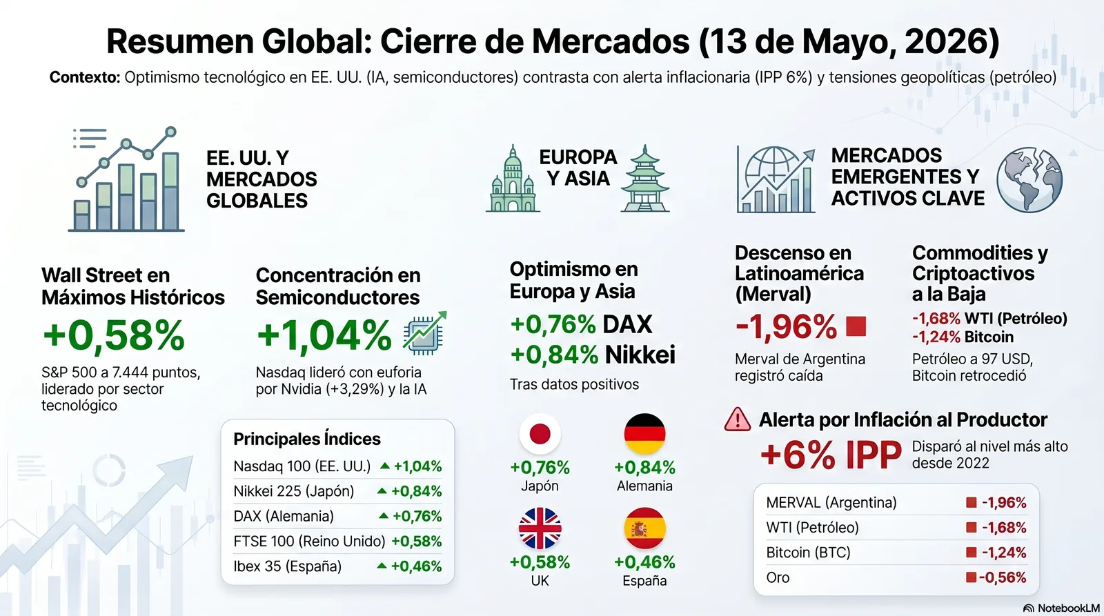 Cierre de Mercados – 13 mayo 2026. Wall Street brilla, mientras la economía agoniza