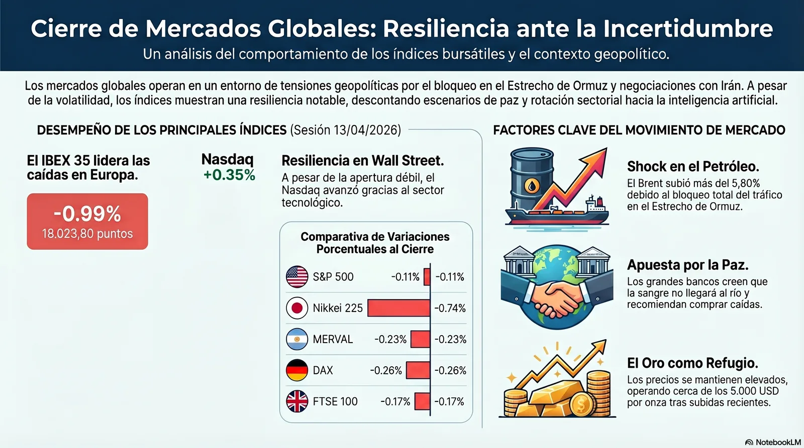 Cierre de Mercados – 13 abril 2026. Walt Steet ignora el bloqueo de Ormuz