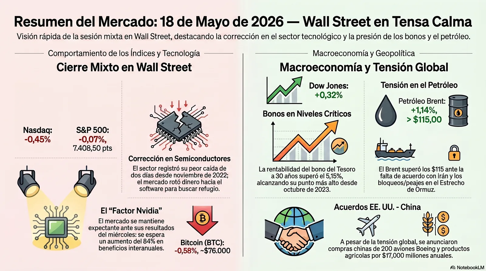 Cierre de Mercados – 18 de mayo de 2026. Petróleo y bonos asfixian al NASDAQ