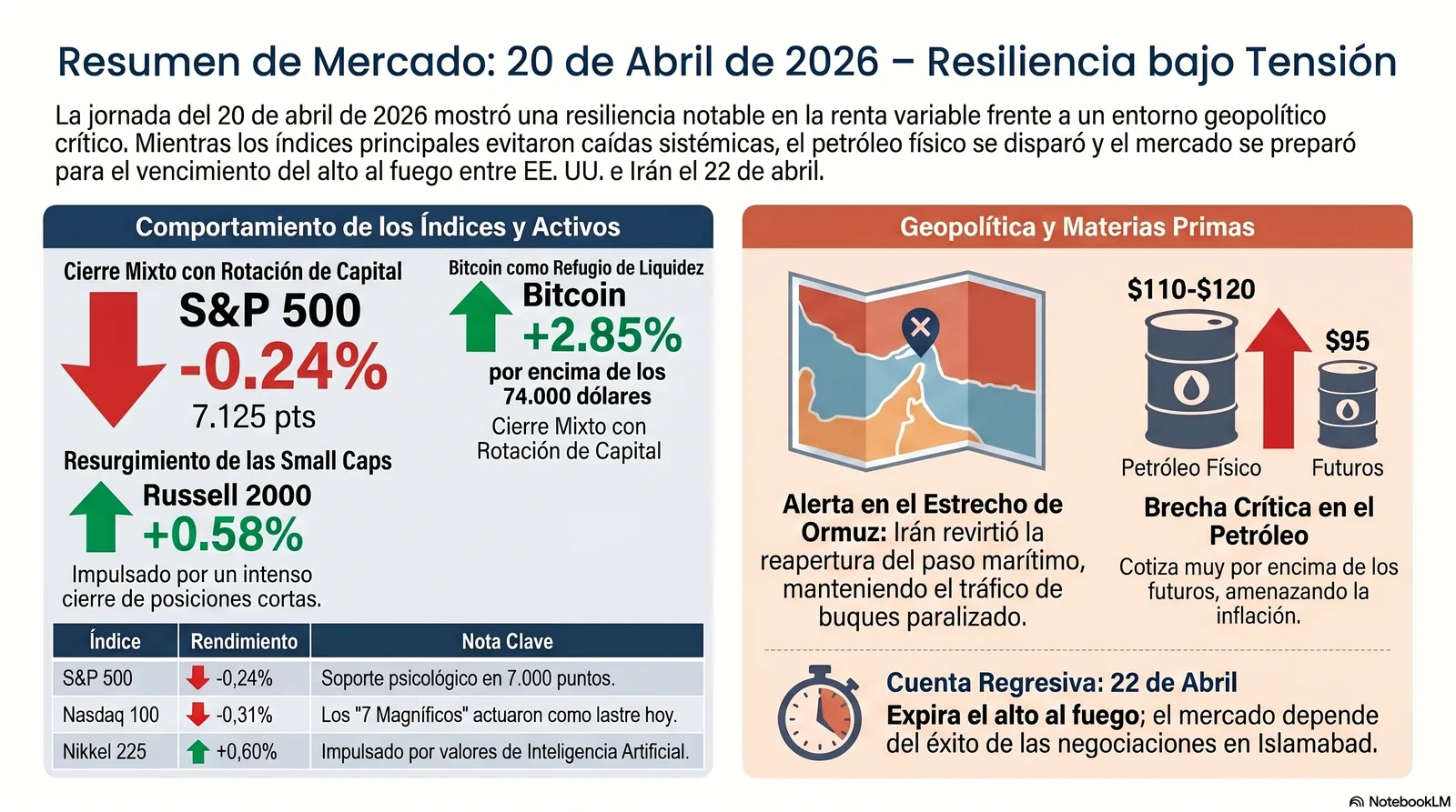Cierre de Mercados – 20 abril 2026. Wall Steet ignora petróleo a U$S120