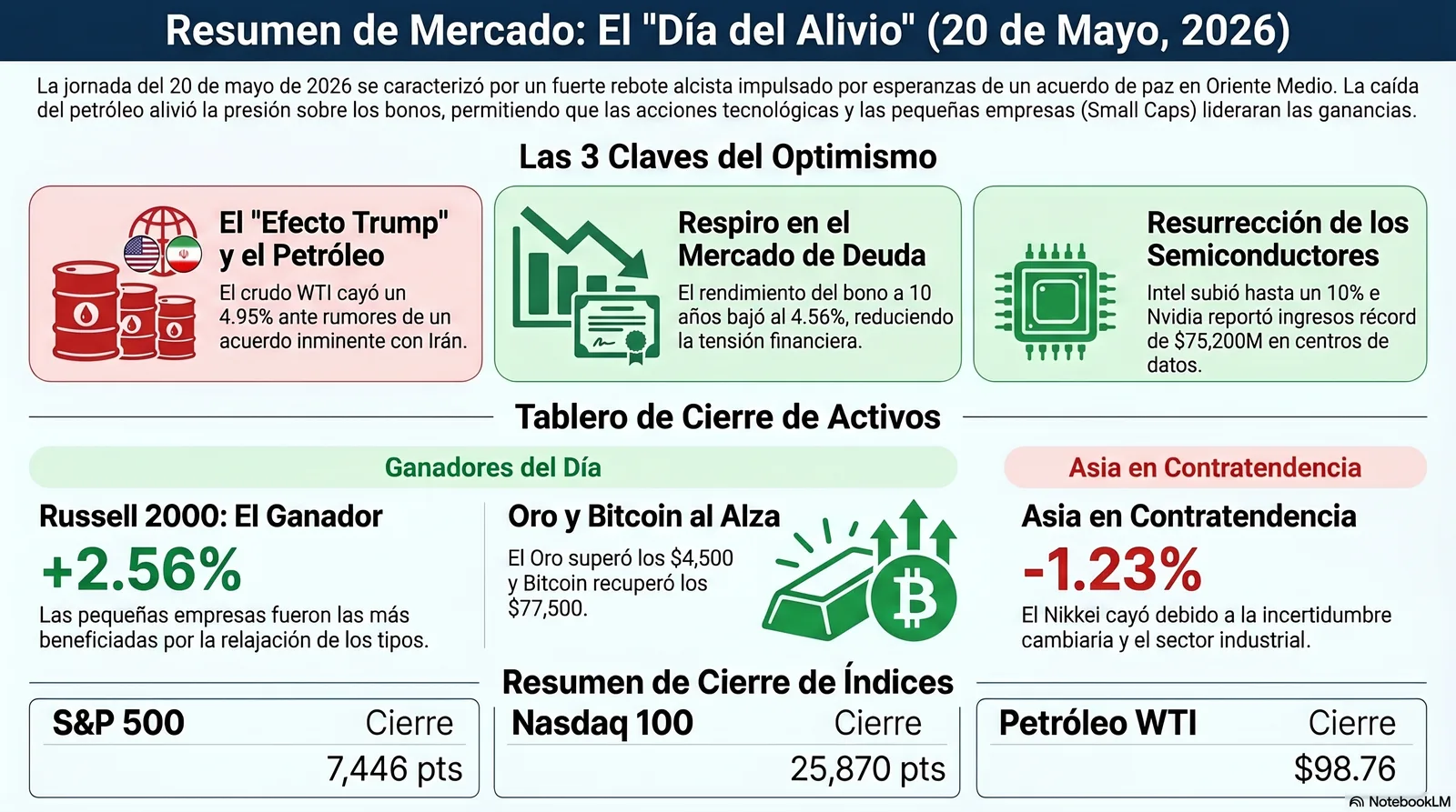 Cierre de Mercados – 20 de mayo de 2026. Alivio y Optimismo Geopolítico