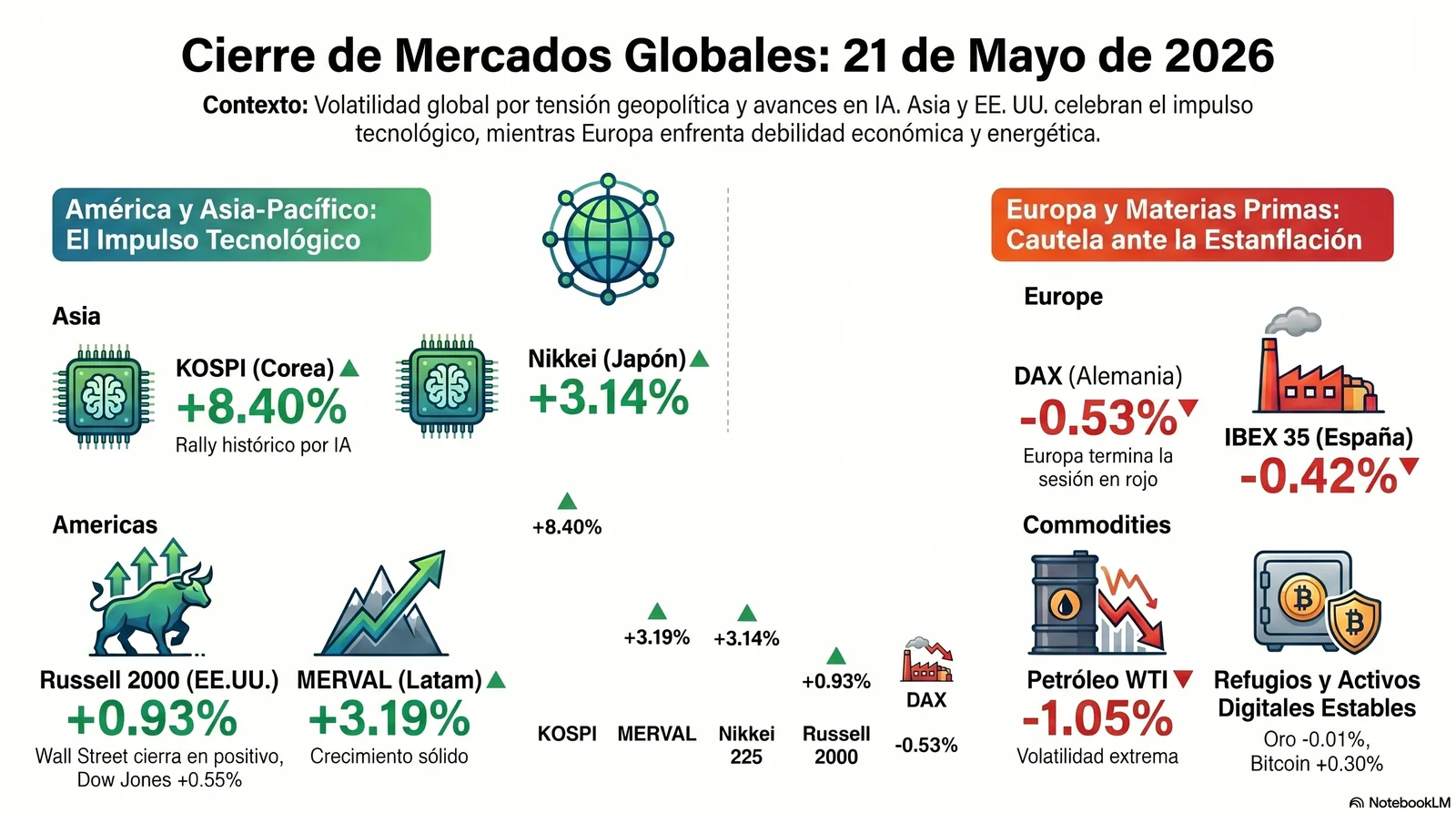 Cierre de Mercados – 21 de mayo de 2026. La Geopolítica dicta el ritmo de los parqués