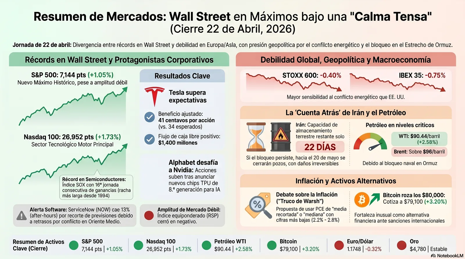 Cierre de Mercados – 22 abril 2026. Wall Steet celebra, mientras Irán se agota.