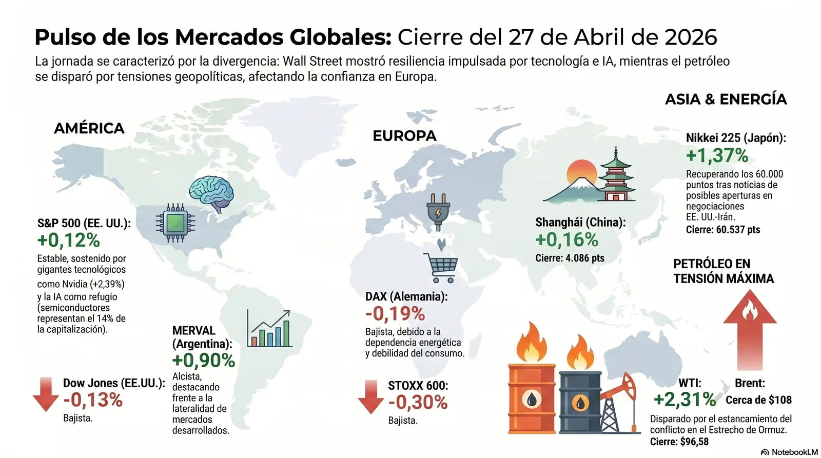 Cierre de Mercados – 27 abril 2026. Bolsas en máximos y crisis energéticas.