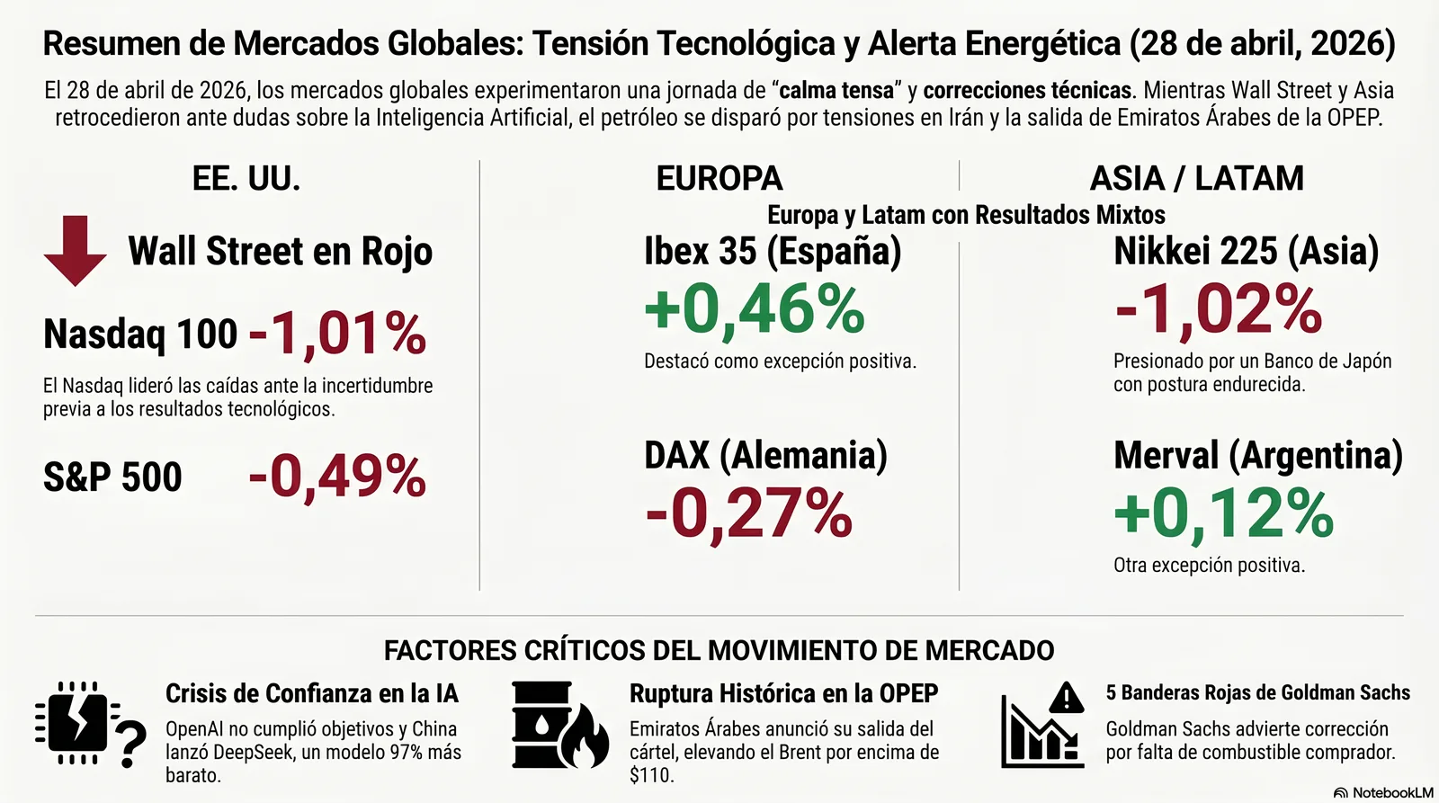 Cierre de Mercados – 27 abril 2026. Cautela y toma de beneficios ante una semana crítica