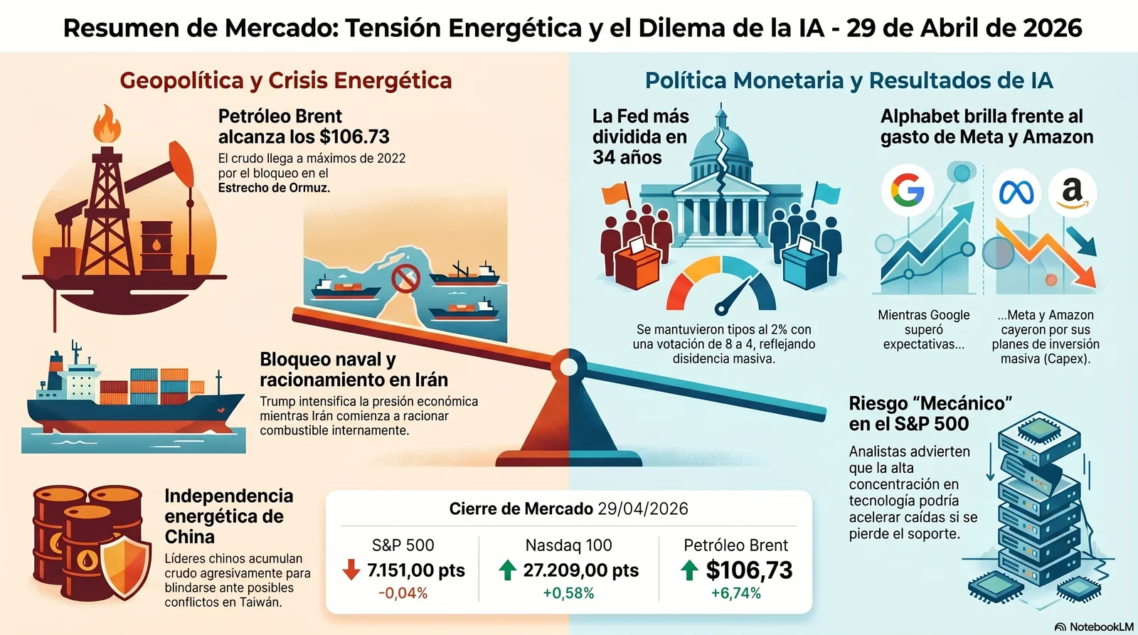 Cierre de Mercados – 29 abril 2026. Tensión Geopolítica y Fractura Monetaria