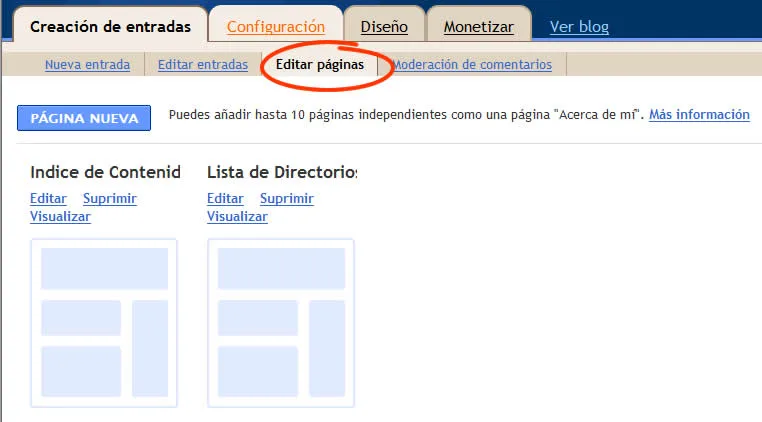 creando páginas independientes en Blogger